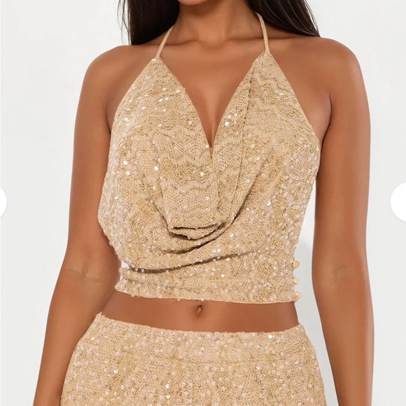 Pearl Tide Crochet halter Wide Leg Set- Tan - Picture 3 of 5